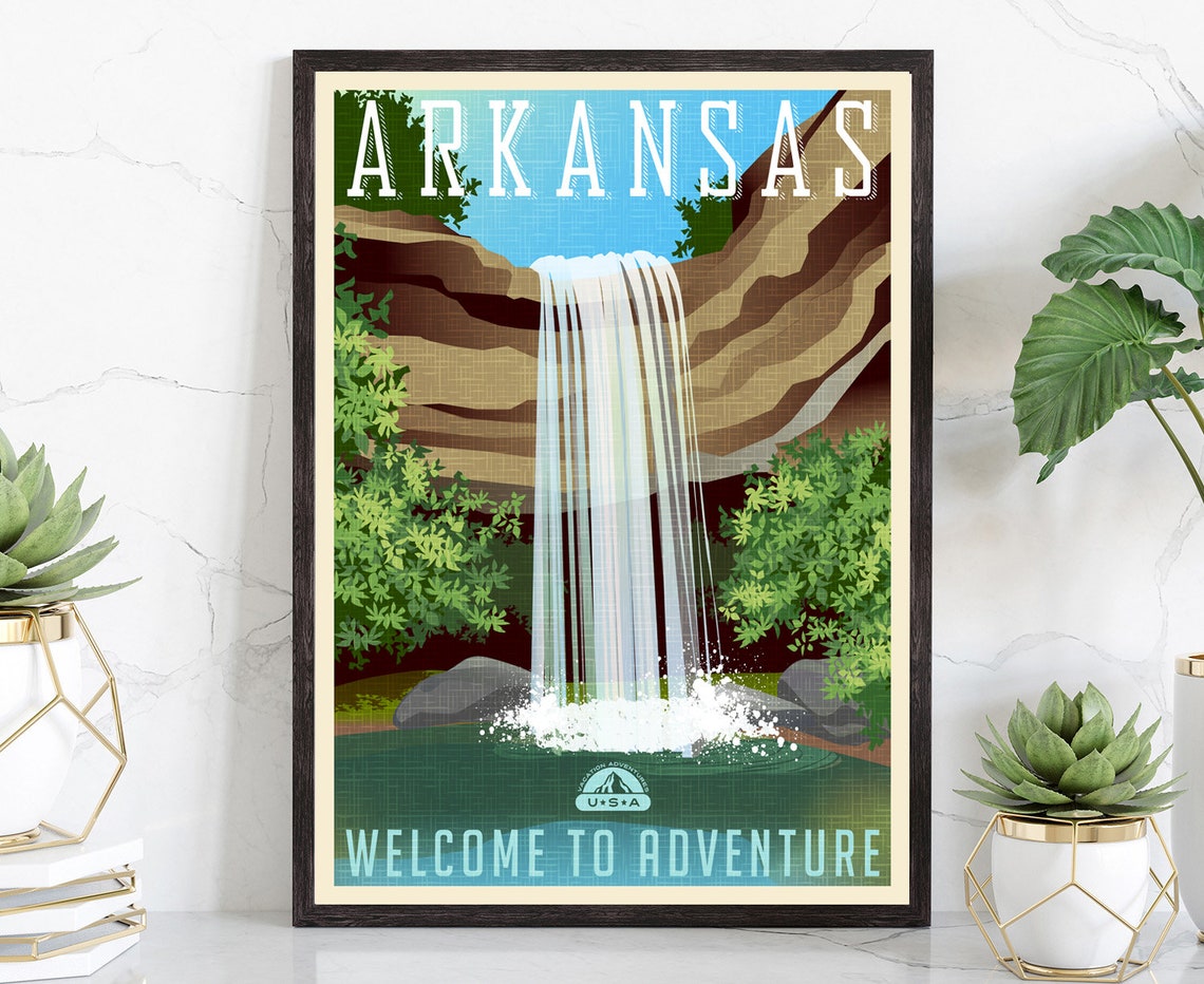 Arkansas Waterfall Adventure State Vintage Style Travel Poster