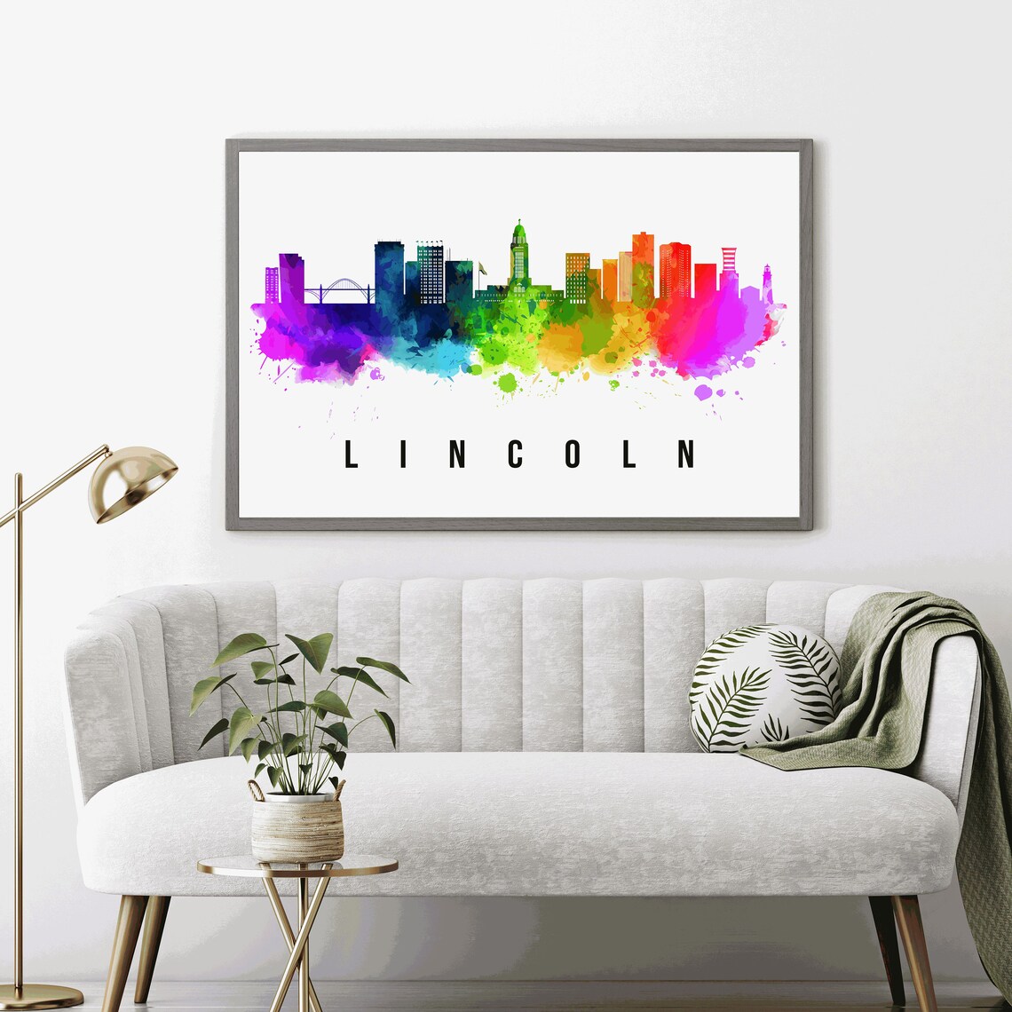 Lincoln Nebraska Watercolor Rainbow Skyline Capitol Travel Poster Art - Image 3