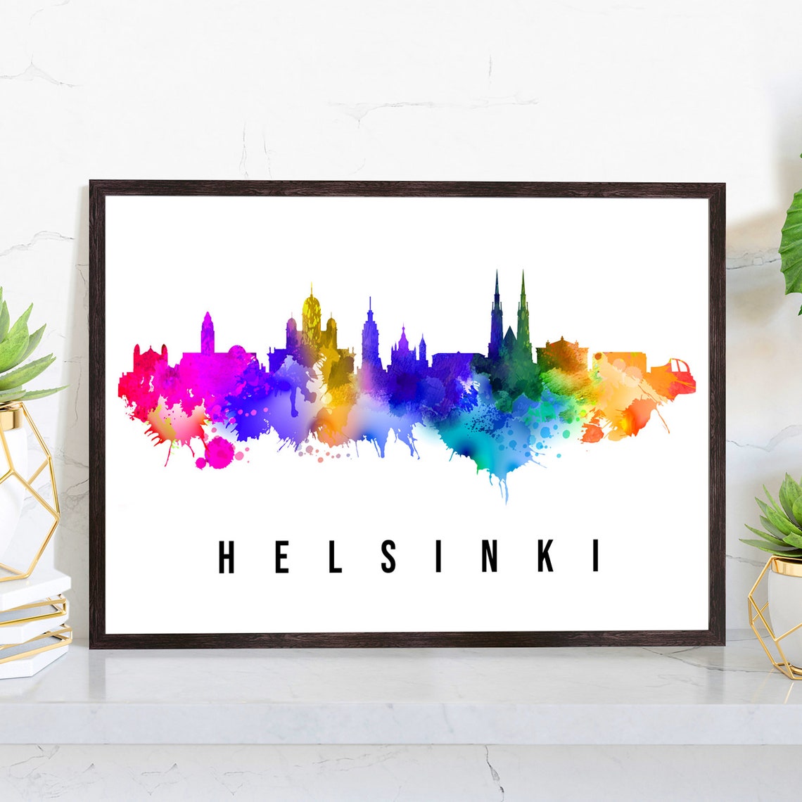 Helsinki Finland Rainbow Watercolor Skyline Silhouette Travel Poster