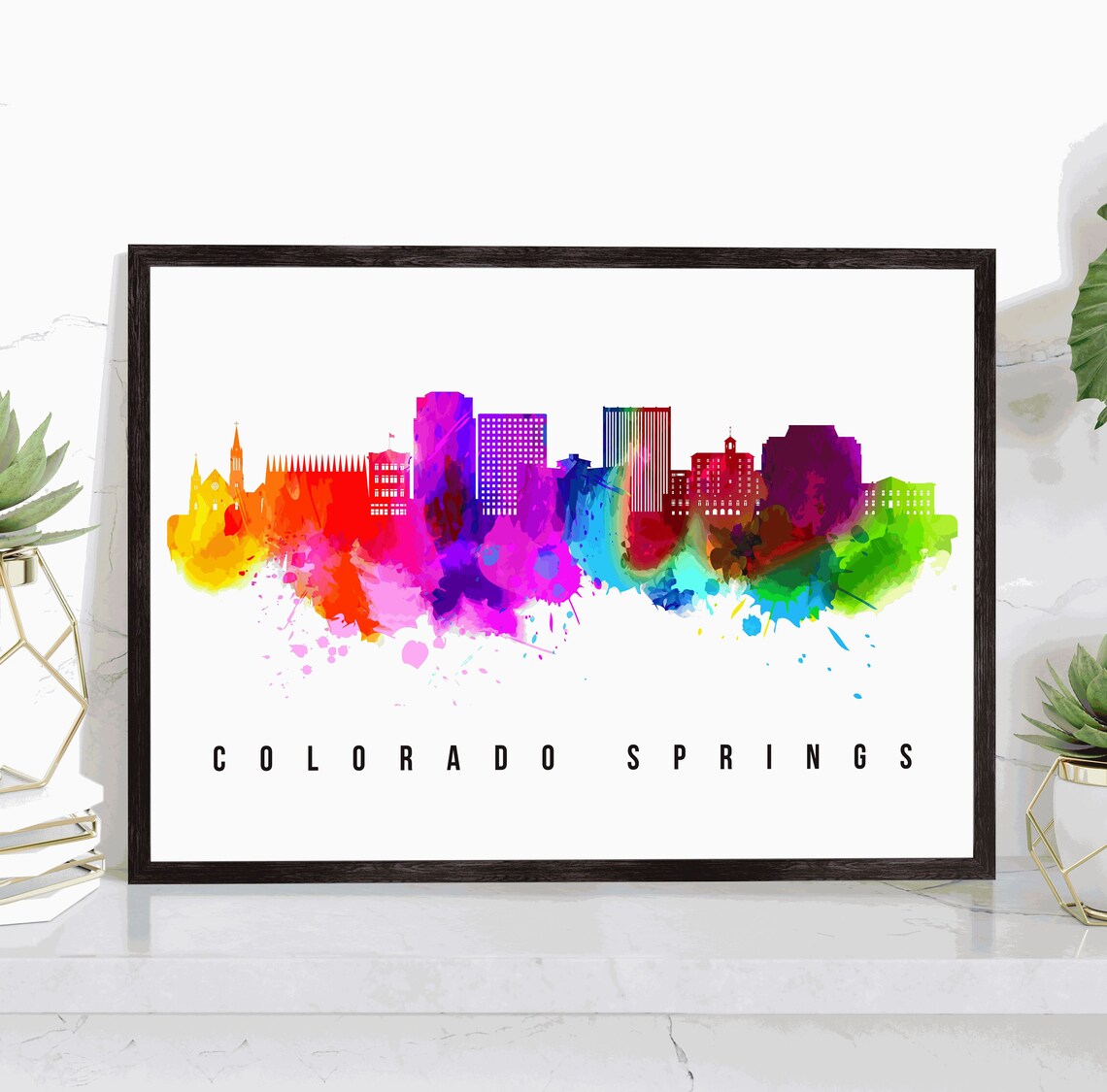 Colorado Springs Watercolor Rainbow Skyline Cityscape Art Poster