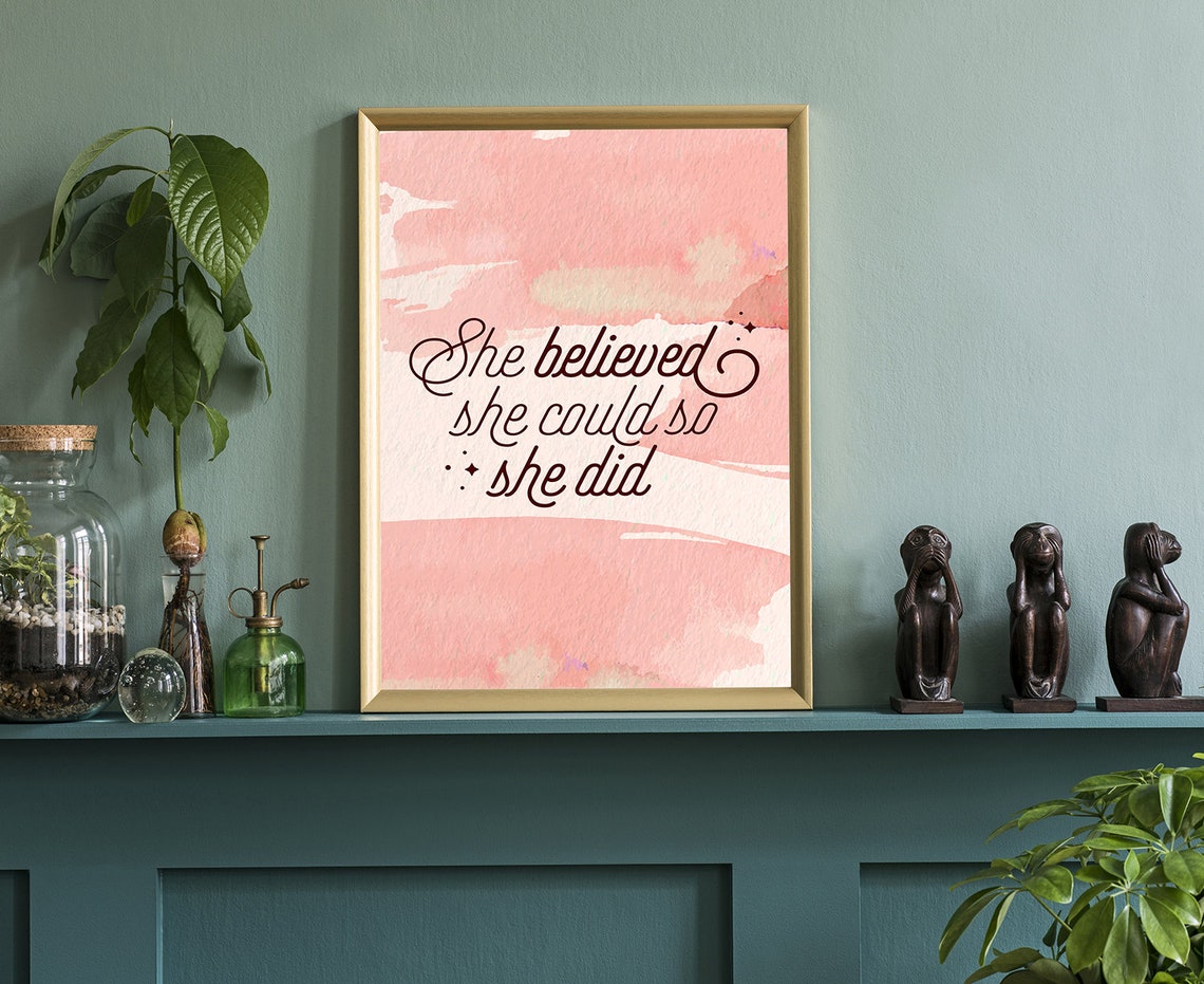 She Believed She Could So She Did Pink Watercolor Quote Poster - Image 3