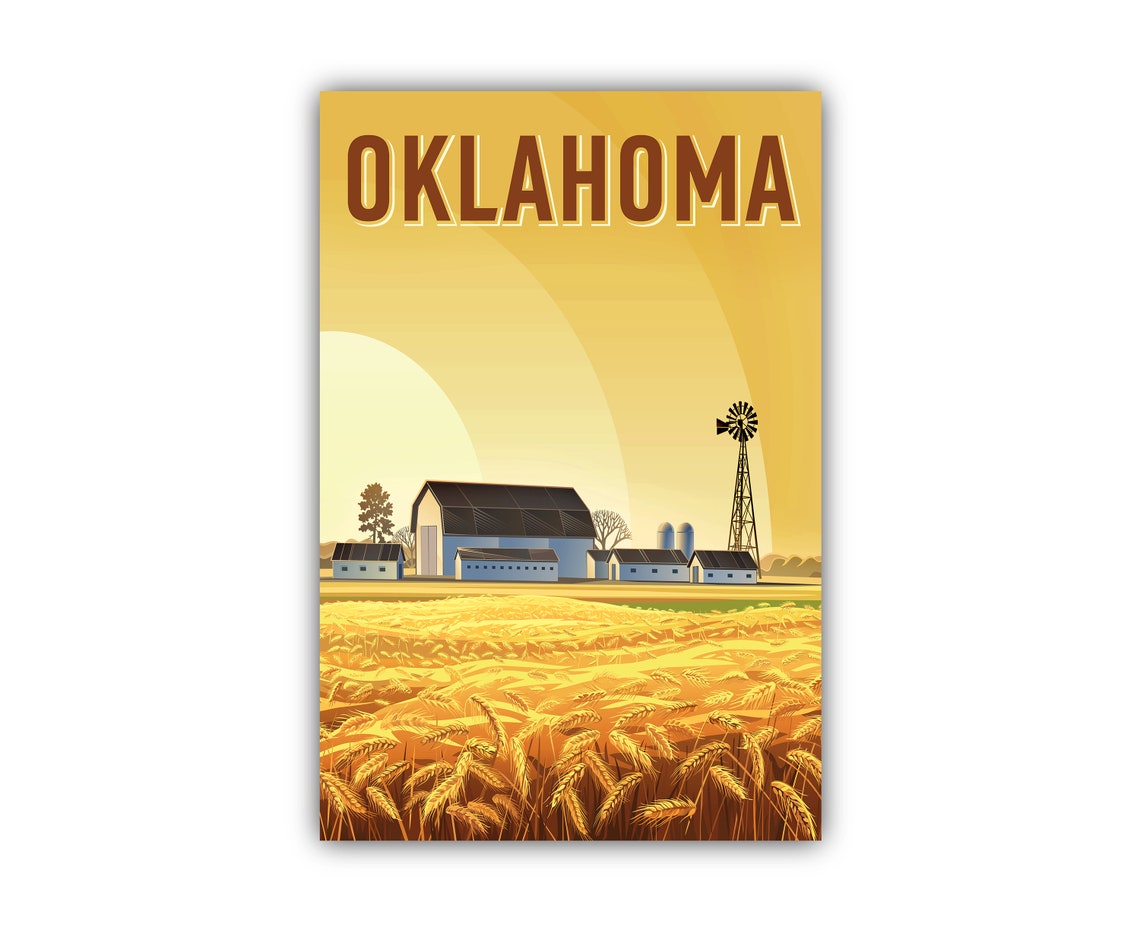 Oklahoma Golden Wheat Field Barn Windmill Vintage Travel Poster Print - Image 2