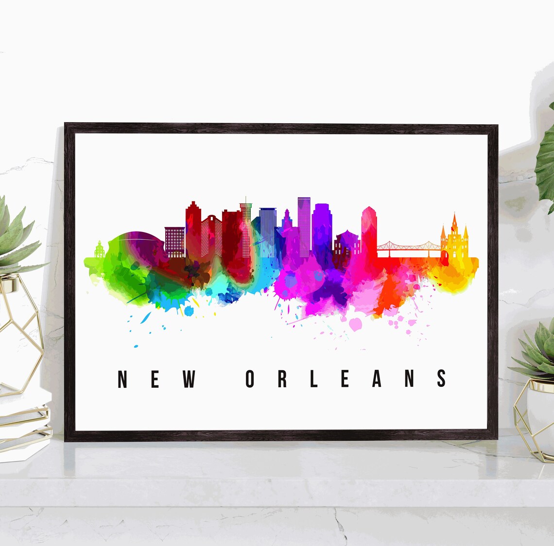 New Orleans Louisiana Rainbow Watercolor Skyline Bridge Travel Poster