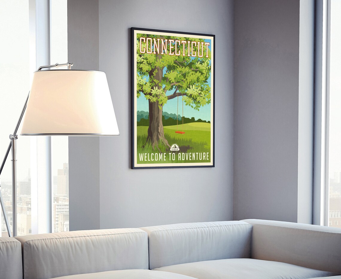 Connecticut Oak Tree Tire Swing Meadow Retro Adventure Travel Poster - Image 4