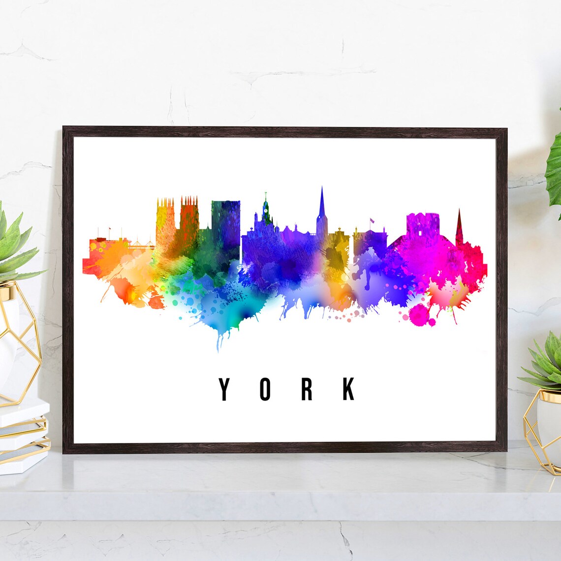 York England Rainbow Watercolor Skyline Cityscape Wall Art Poster