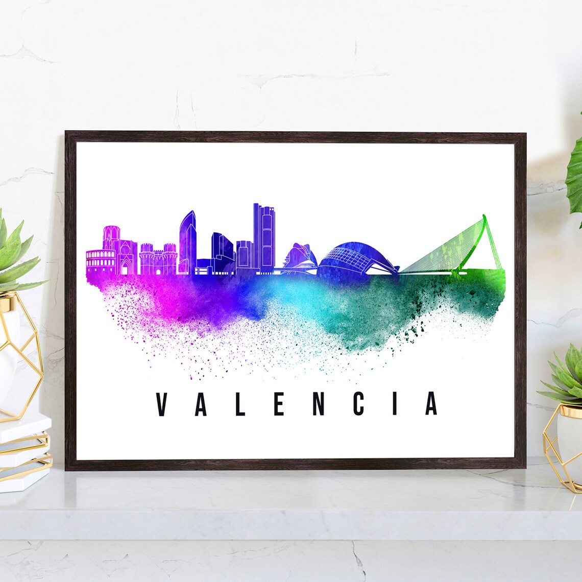Valencia Spain Watercolor Skyline City of Arts Silhouette Poster