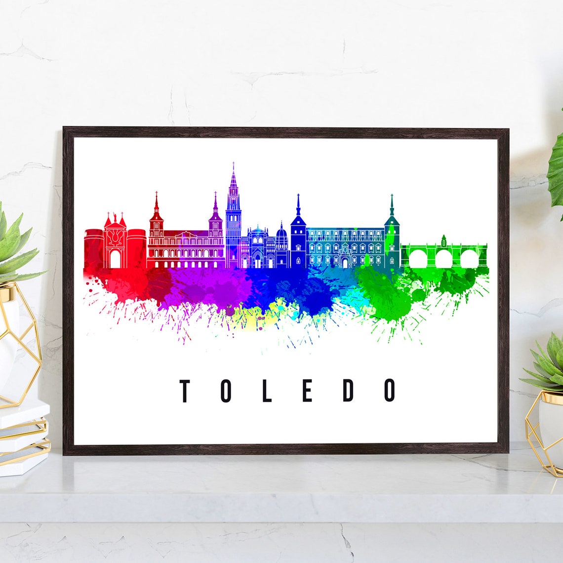 Toledo Spain Rainbow Watercolor Old Town Cathedral Skyline Poster