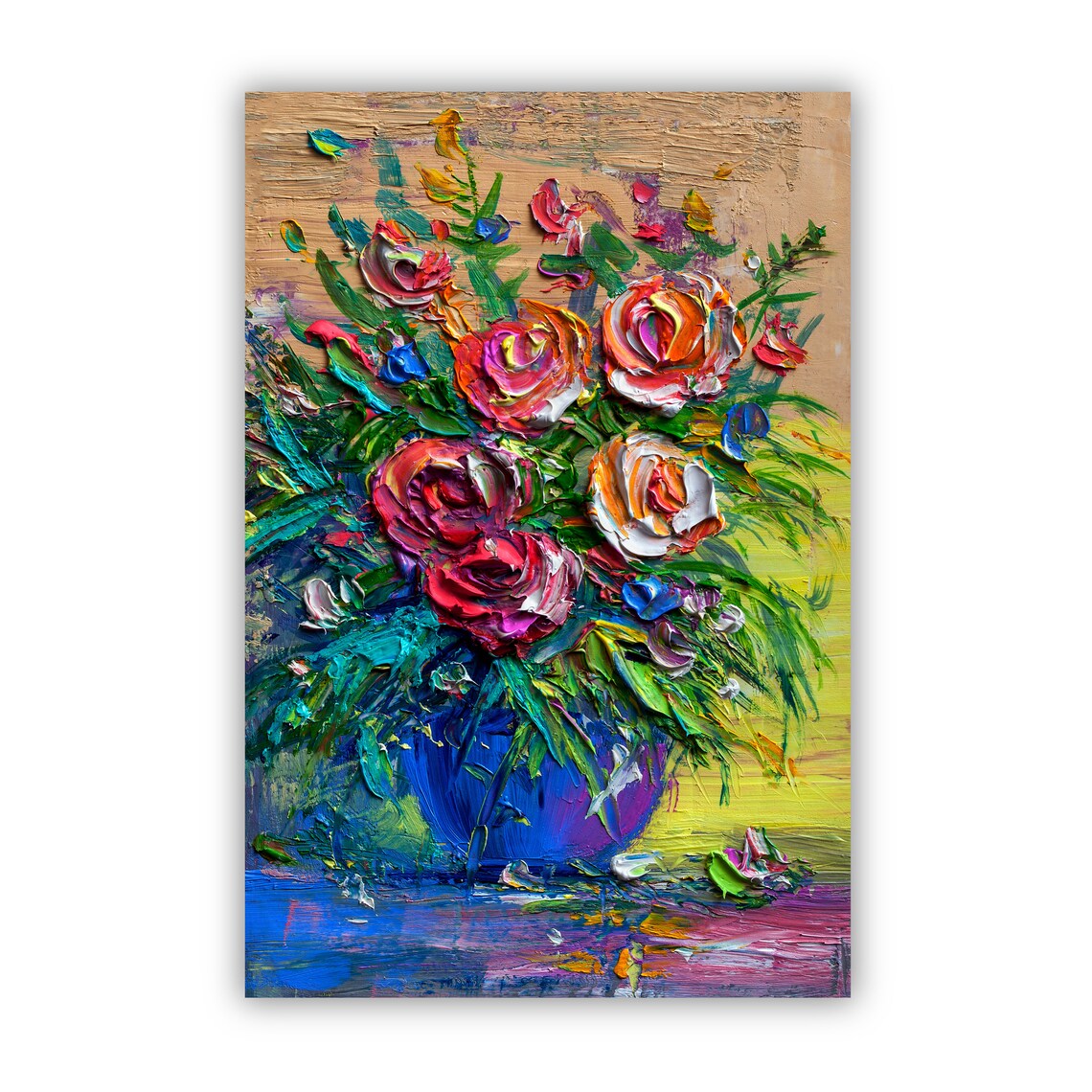 Red Roses Bouquet Palette Knife Oil Painting Floral Wall Art - Image 2