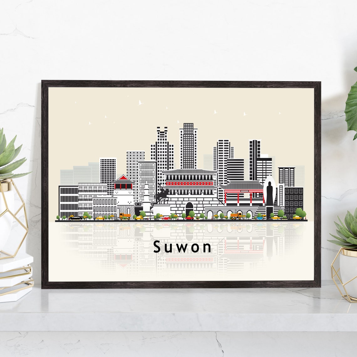 Suwon South Korea Traditional Gate Skyline Illustration Travel Poster