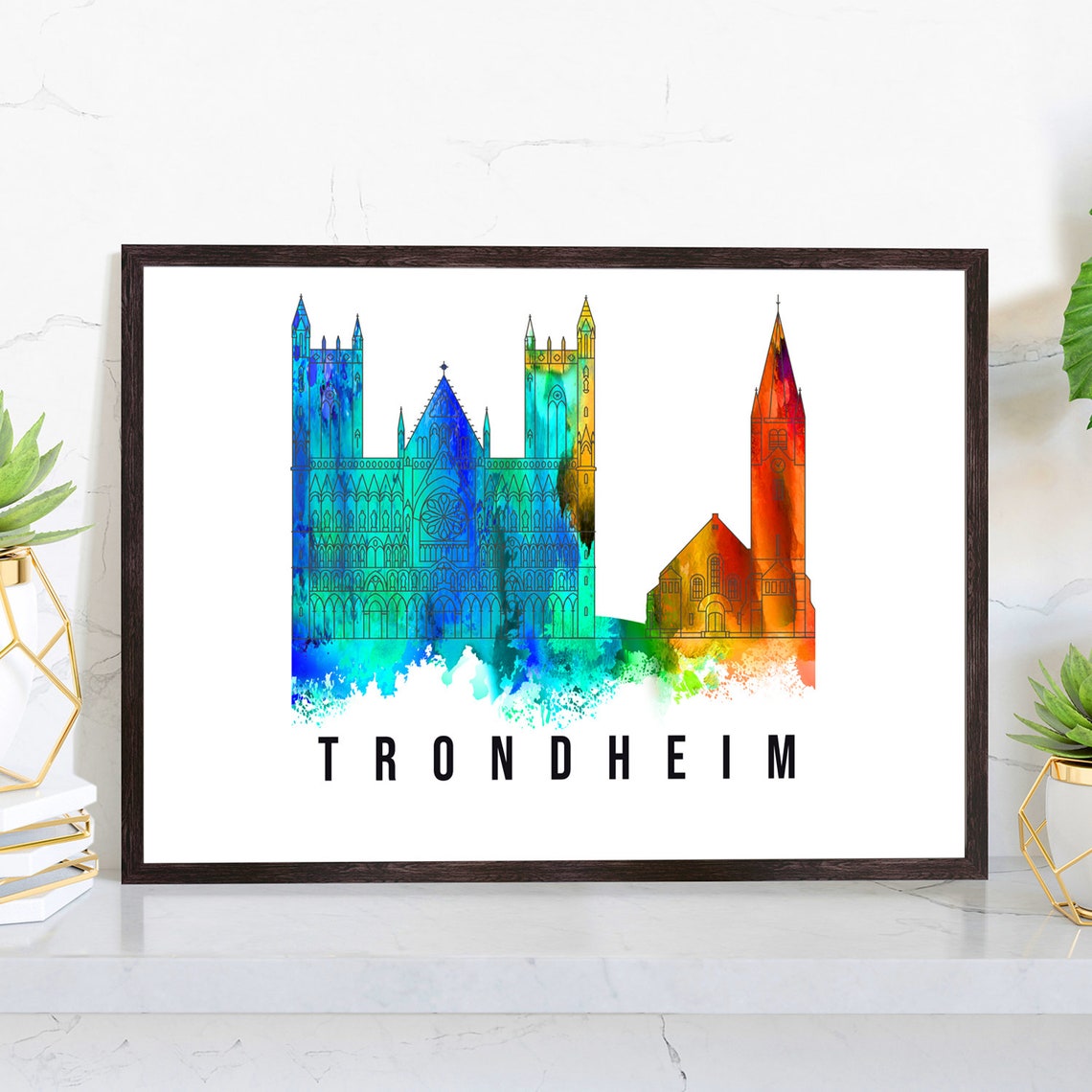 Trondheim Norway Gothic Nidaros Cathedral Towers Watercolor Poster
