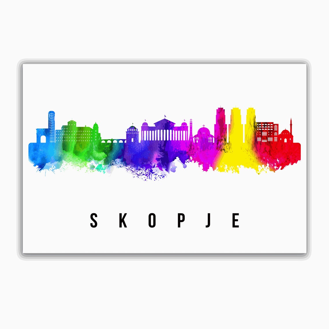 Skopje Rainbow Watercolor City Skyline Silhouette Art Wall Poster - Image 2
