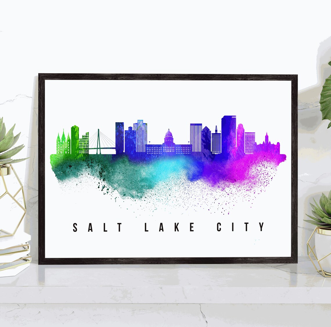Salt Sake City Utah Skyline Poster Salt Sake Cityscape Painting Salt Sake City Landmark And Cityscape Print Home And Office Wall Art