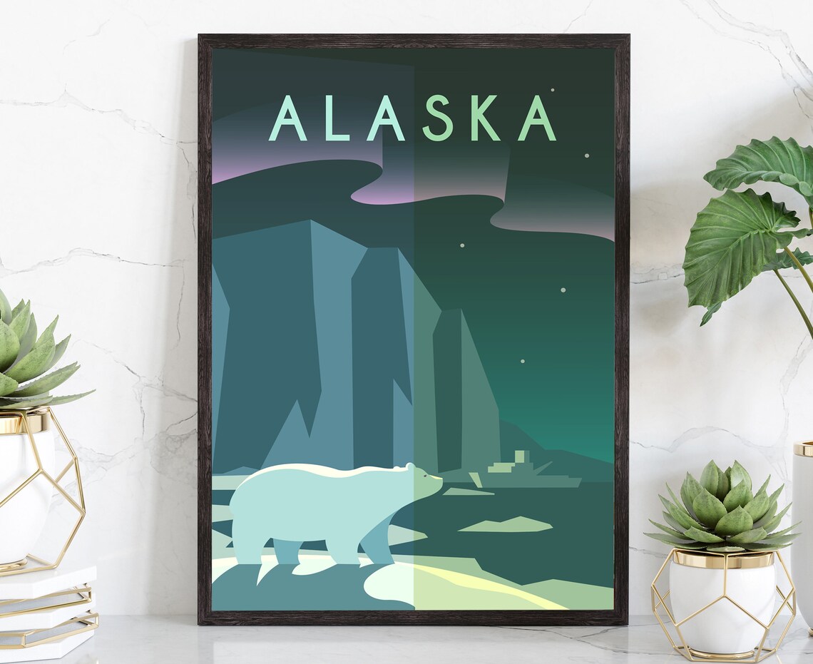 Alaska Polar Bear Aurora Northern Lights Arctic Night Travel Poster