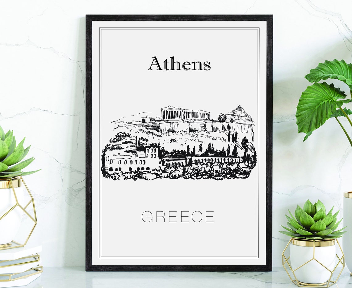 Athens Greece Hand Drawn Acropolis Parthenon Cityscape Travel Poster