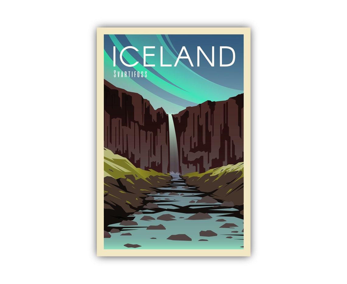 Iceland Svartifoss Black Waterfall Canyon Retro Style Travel Poster - Image 2