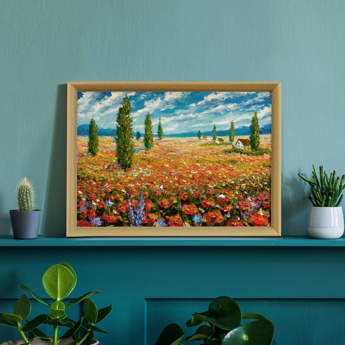 Poppy Field Cypress Trees Cottage Impasto Oil Painting Wall Art - Image 3