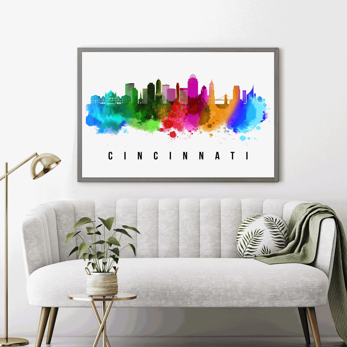 Cincinnati Ohio Watercolor Rainbow Skyline Cityscape Art Poster - Image 4