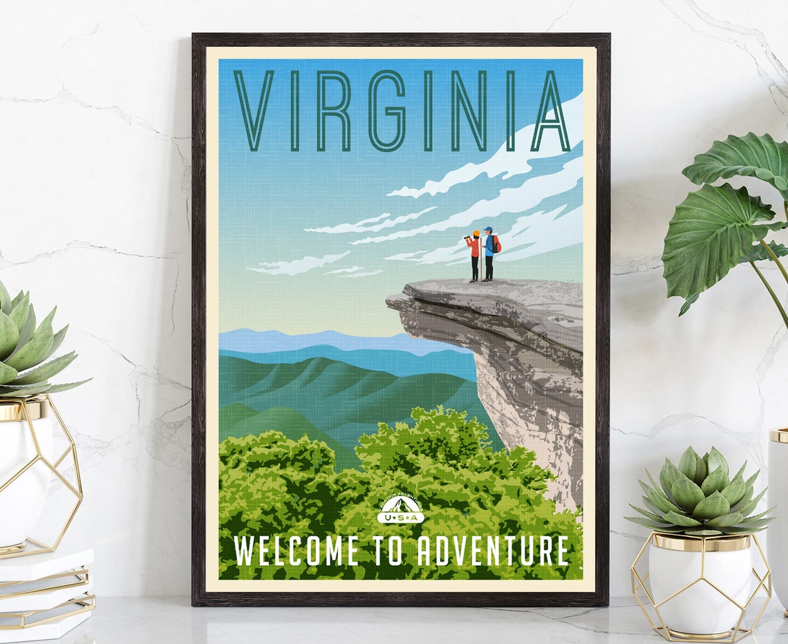 Virginia Blue Ridge Mountains McAfee Knob Hikers Retro Travel Poster