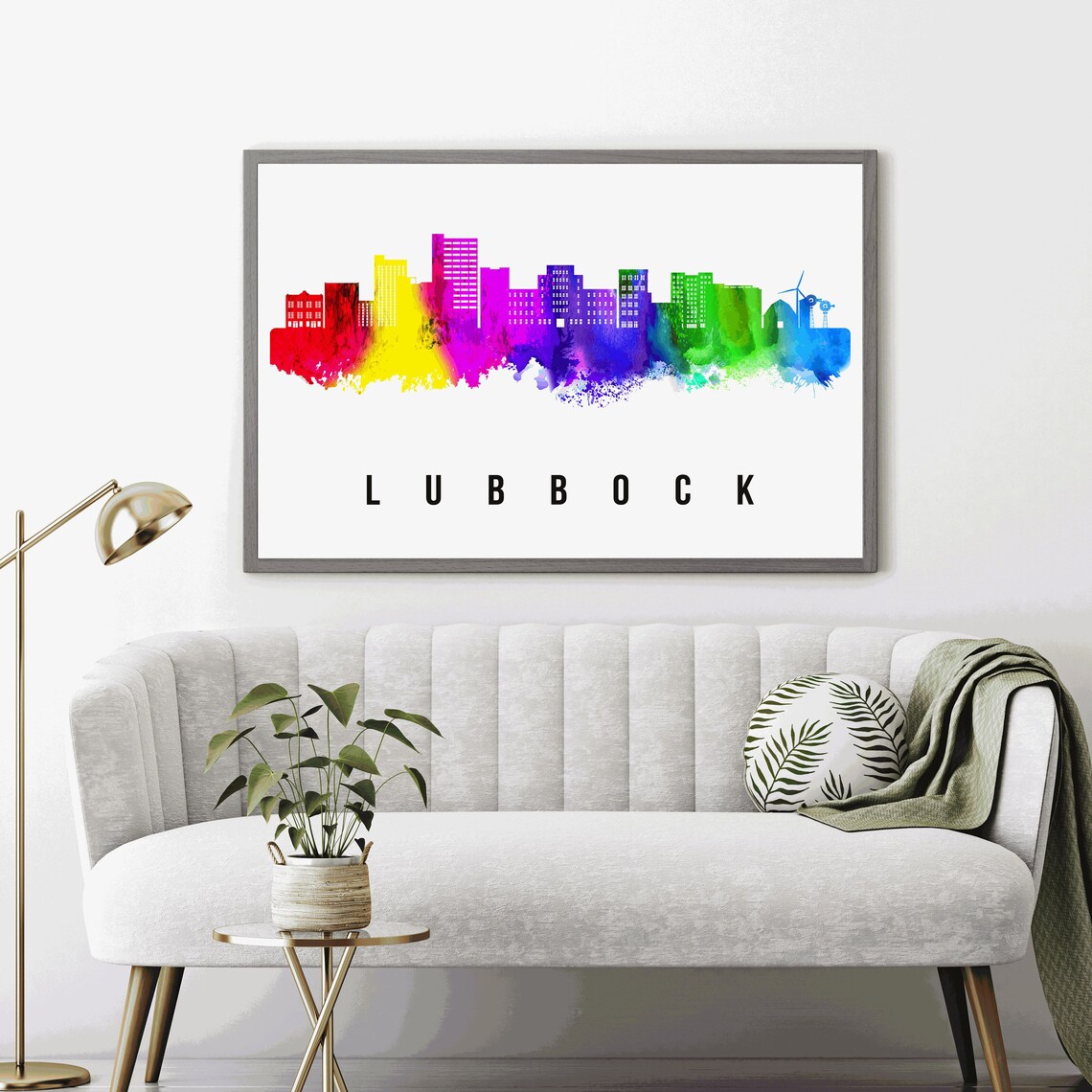 Lubbock Texas Rainbow Watercolor Skyline Silhouette Travel Poster - Image 3