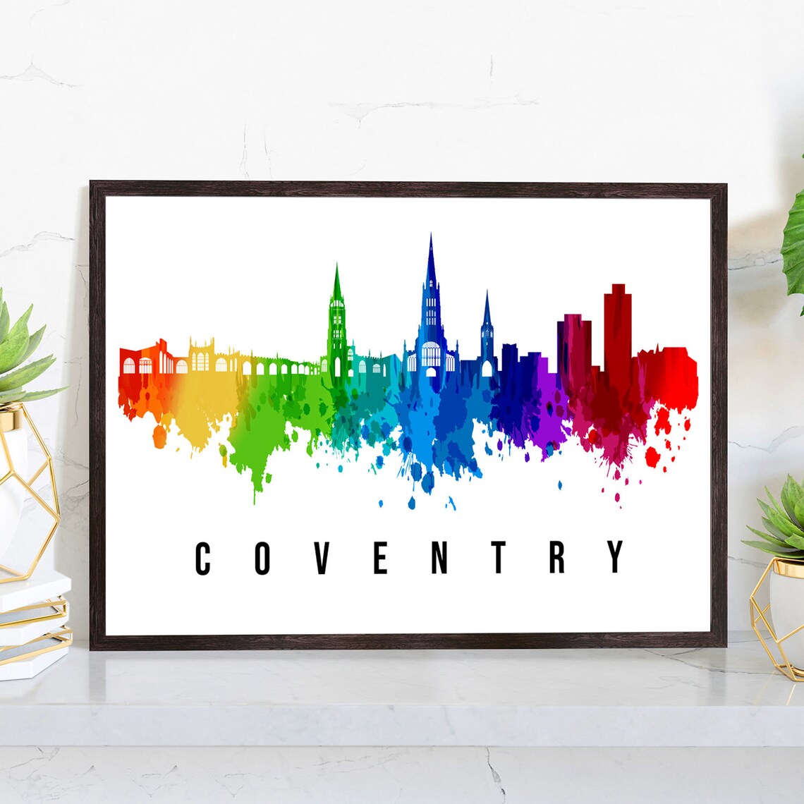 Coventry England Rainbow Watercolor Skyline Cathedral Spires Art Poster