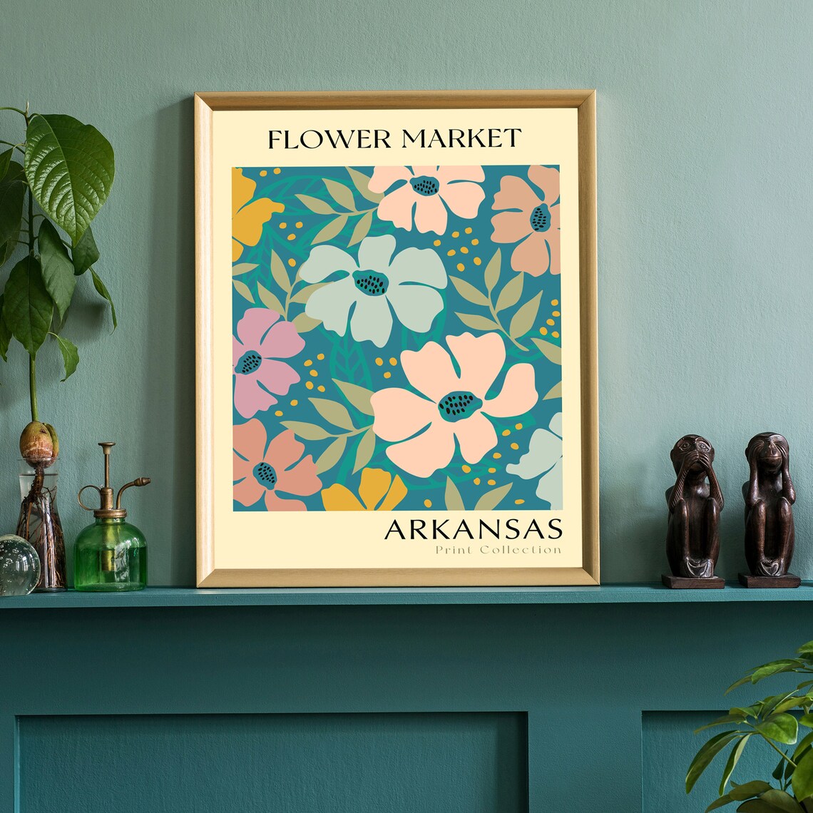 Arkansas Flower Market Teal Peach Blossom Vintage Botanical Art Poster - Image 2