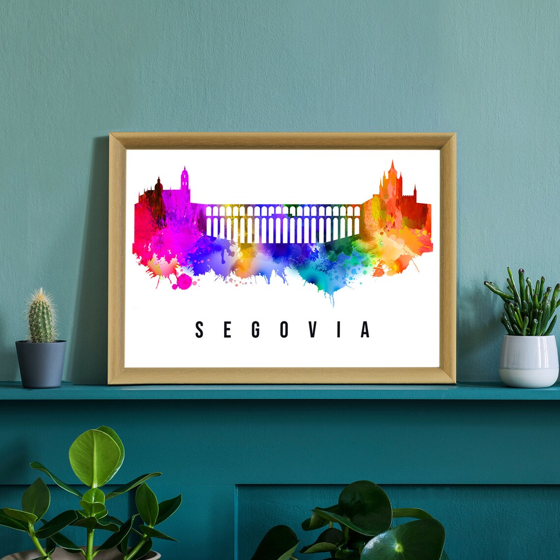 Segovia Spain Roman Aqueduct Rainbow Watercolor Skyline Poster - Image 2