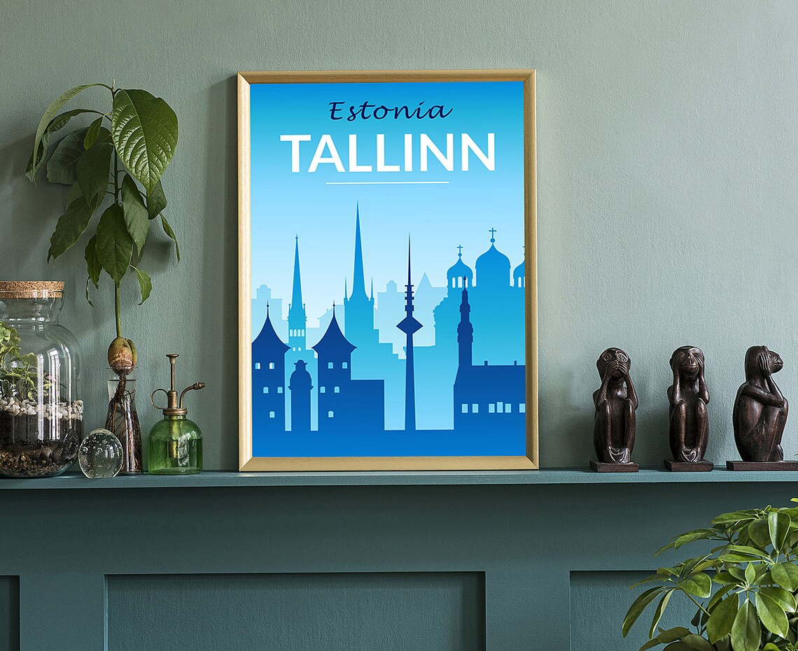 Tallinn Estonia Blue Old Town Skyline Silhouette Travel Poster - Image 3