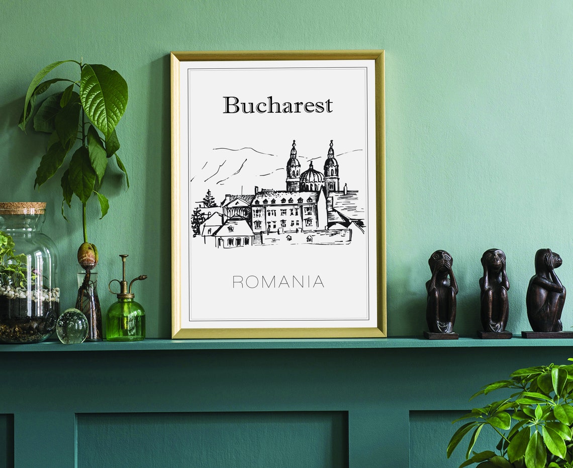 Bucharest Romania Historic Church Dome Twin Towers Sketch Poster - Image 3
