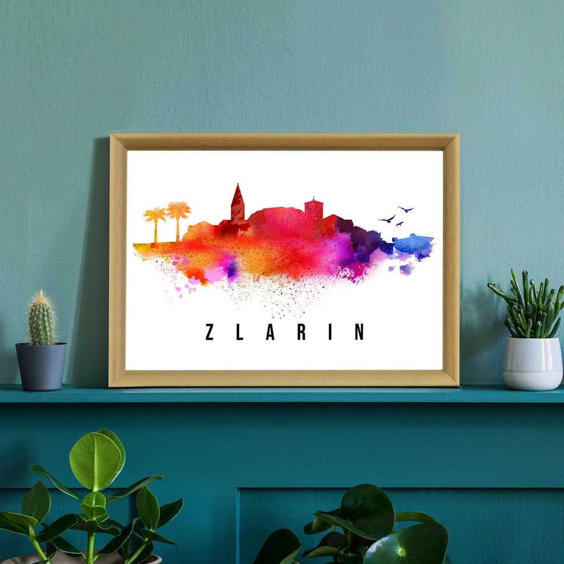 Zlarin Croatia Island Watercolor Skyline Church Palms Travel Poster - Image 3