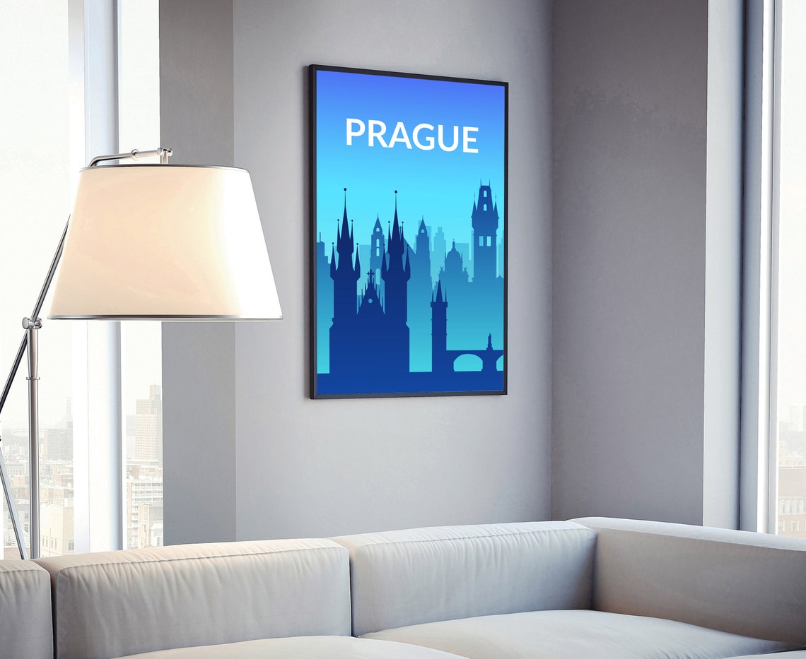 Prague Czech Republic Blue Gradient Modern Solid Color Skyline Poster - Image 4