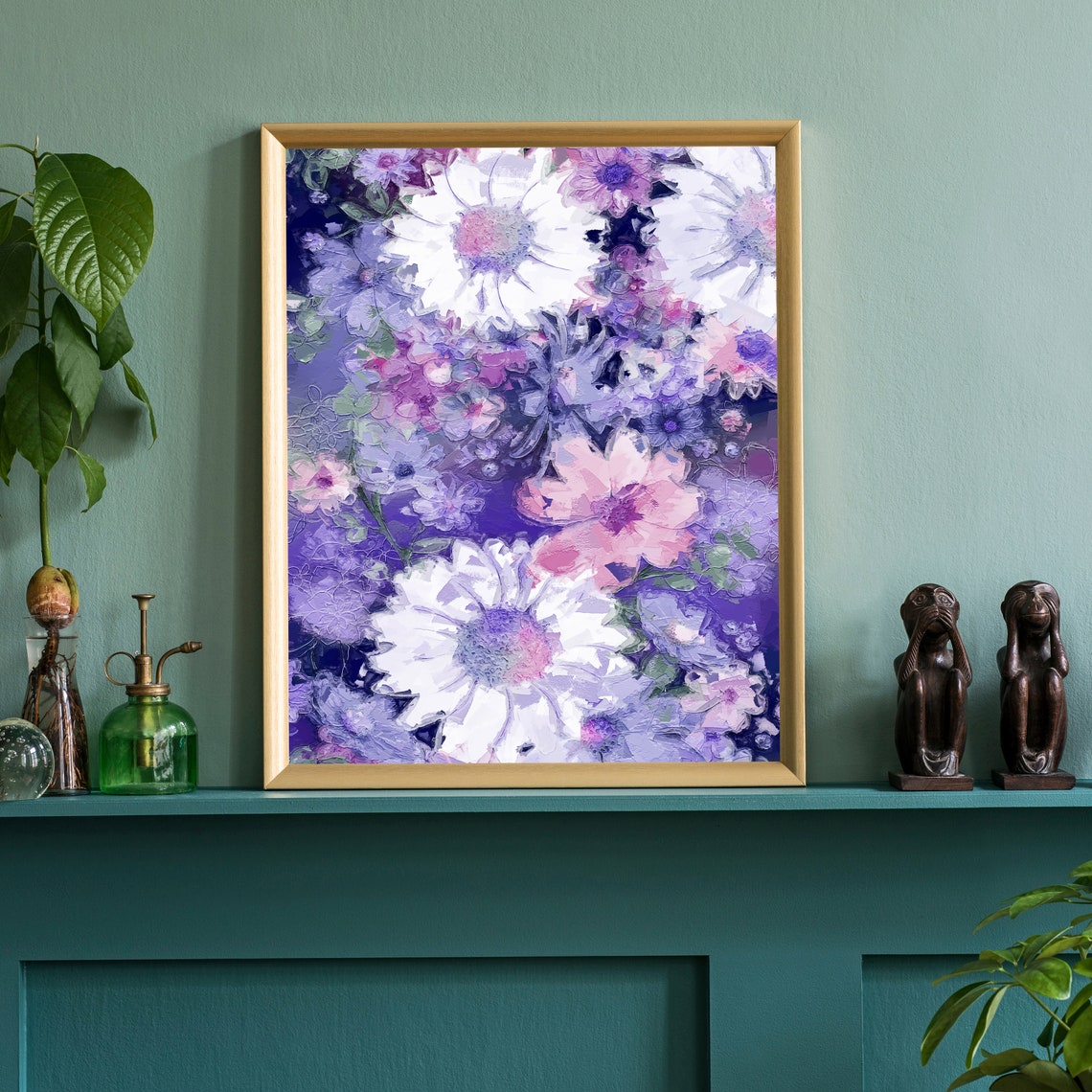 Violet Daisies Abstract Floral Texture Oil Painting Art Poster Print - Image 3