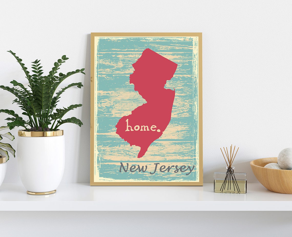 New Jersey Home State Silhouette Rustic Teal Coral Map Wall Poster - Image 3
