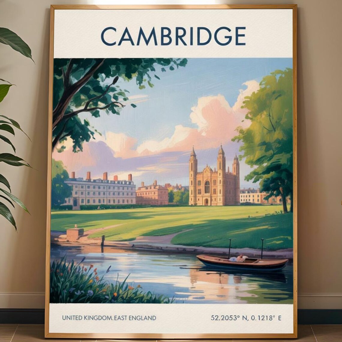 Cambridge England River Punt Chapel Vintage Travel Poster Illustration