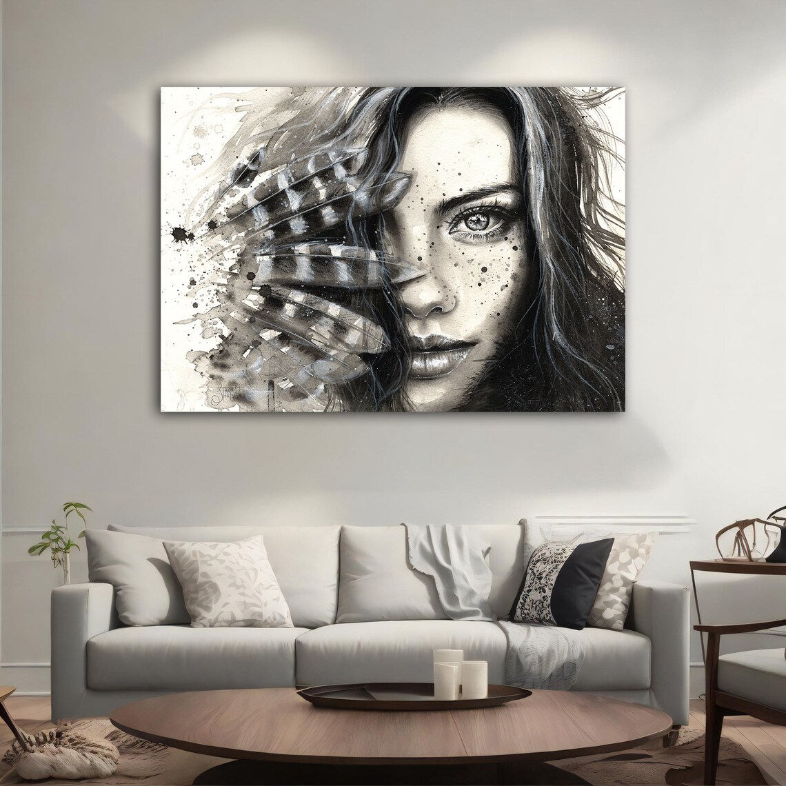Woman Face Feathers Black White Watercolor Portrait Elegant Wall Art Poster - Image 5