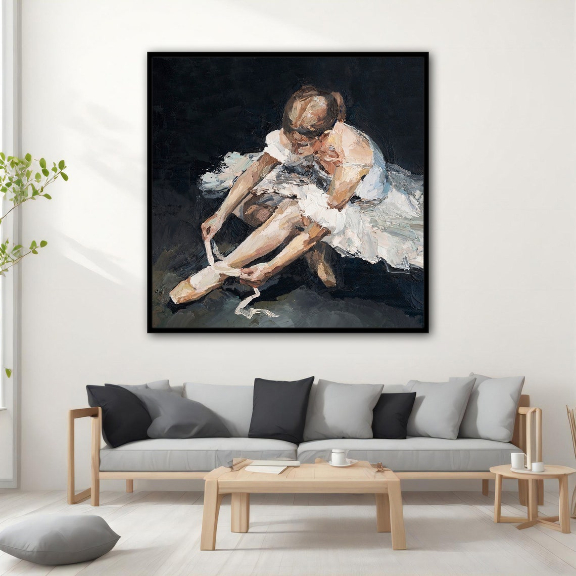 Ballerina Tying Pointe Shoe White Tutu Oil Painting Dance Art Poster - Image 3