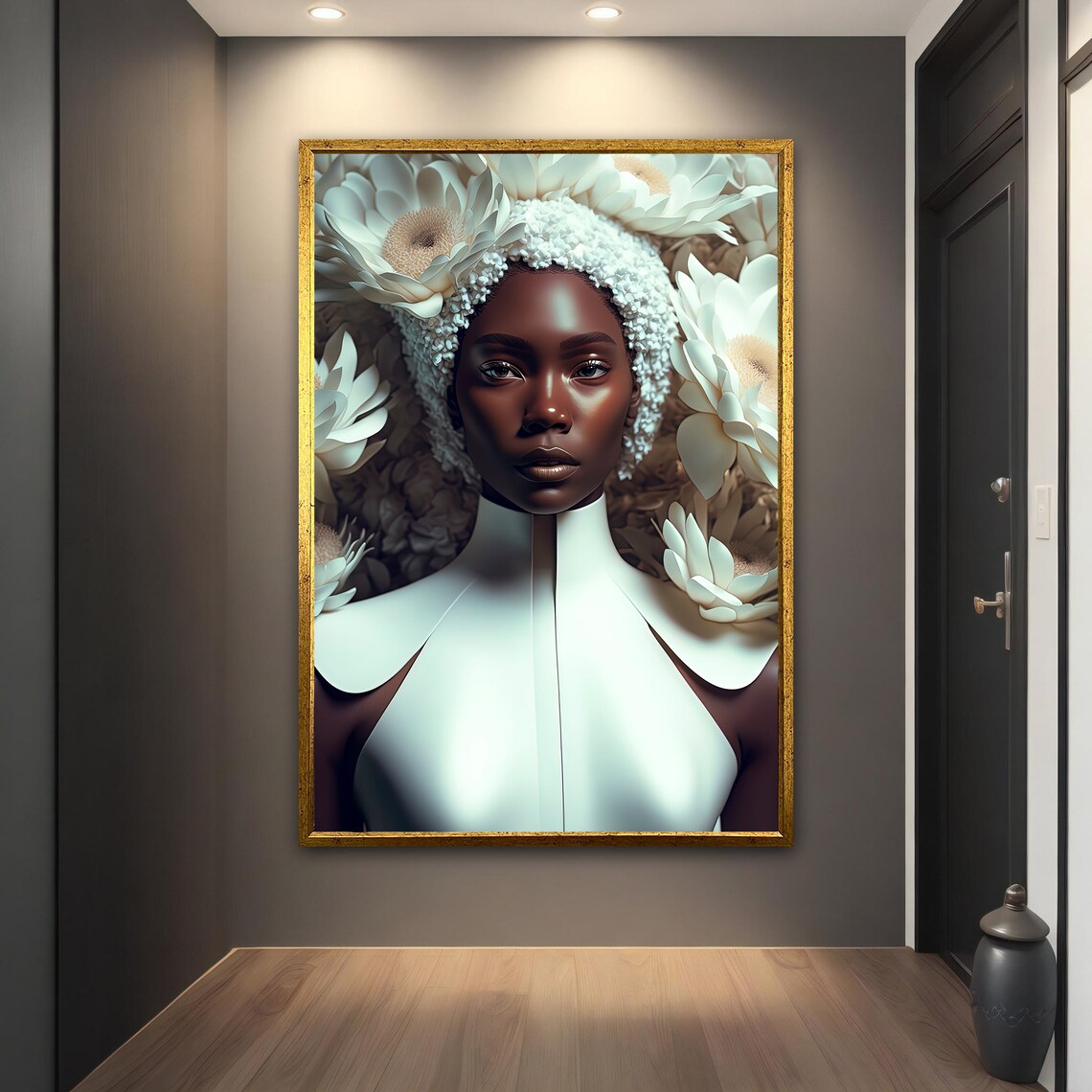 African Woman White Floral Headpiece Elegant Portrait Art Poster - Image 5