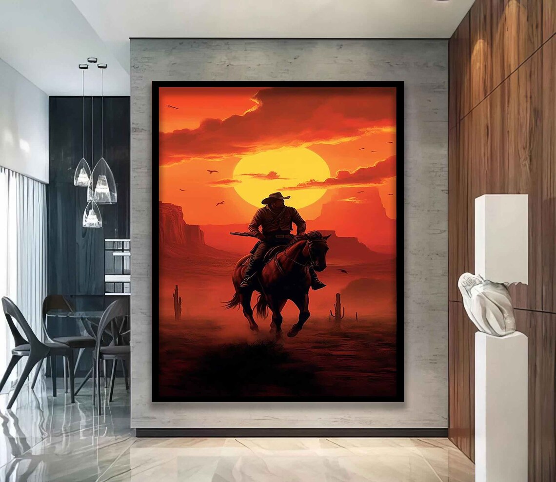 Cowboy Riding Horse Red Desert Sunset Western Epic Landscape Poster - Image 3