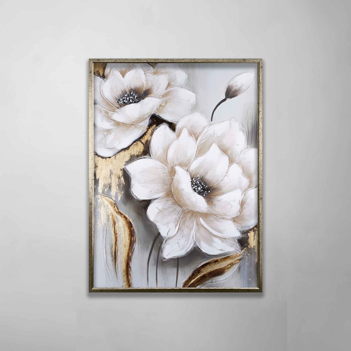 Soft White Magnolia Flowers Gold Grey Abstract Floral Art Poster