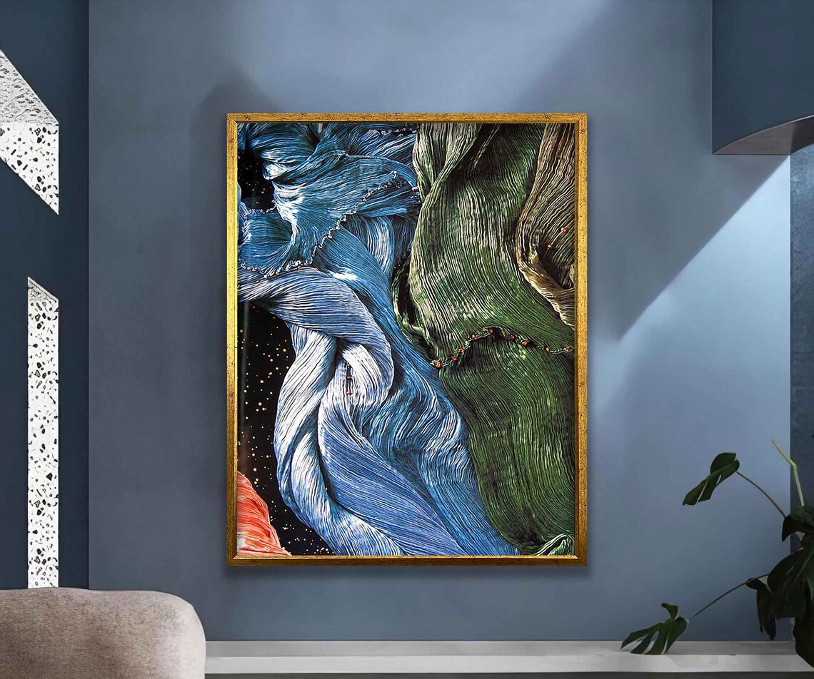 Abstract Flowing Fabric Swirl Blue Green Cosmic Texture Art Poster - Image 3