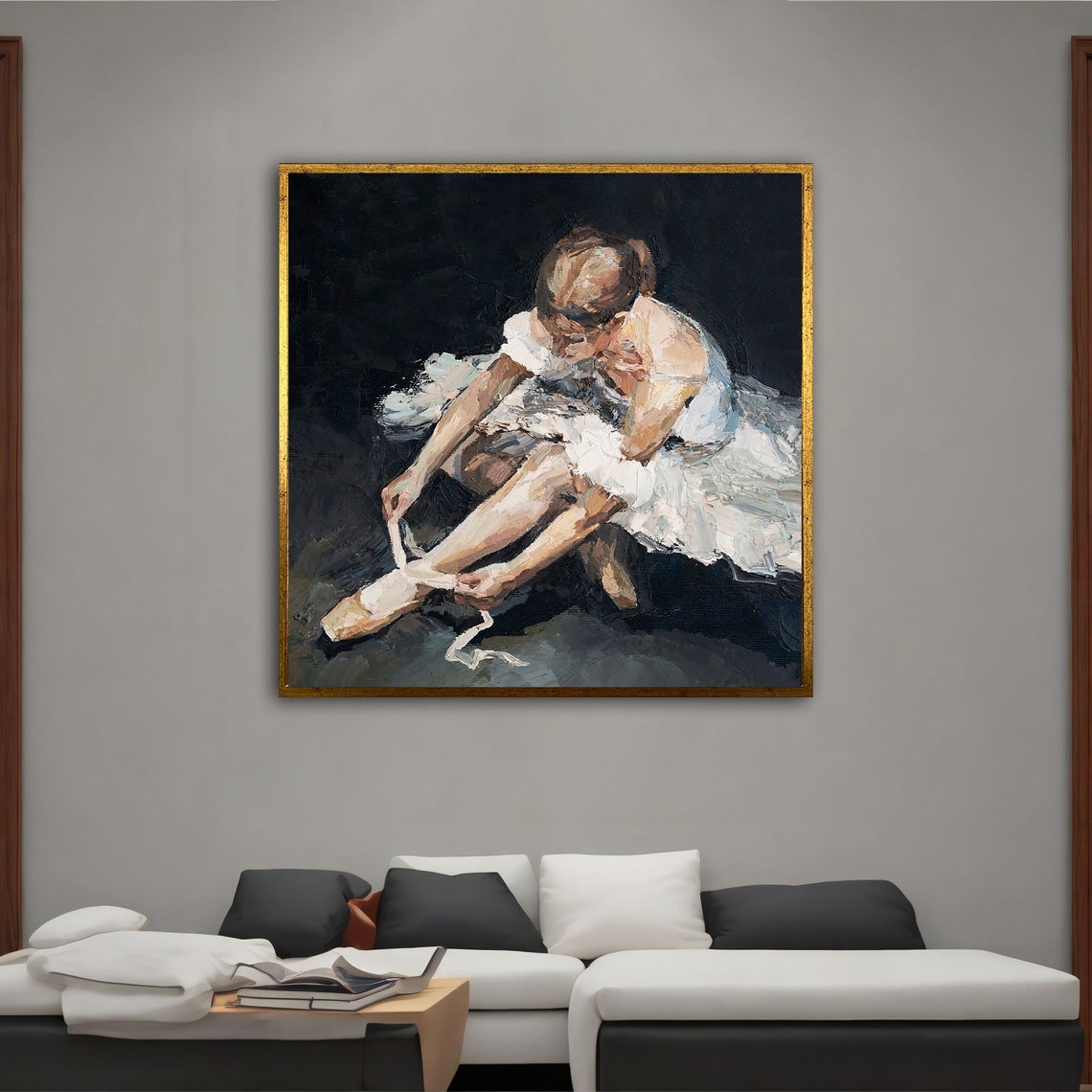 Ballerina Tying Pointe Shoe White Tutu Oil Painting Dance Art Poster - Image 2