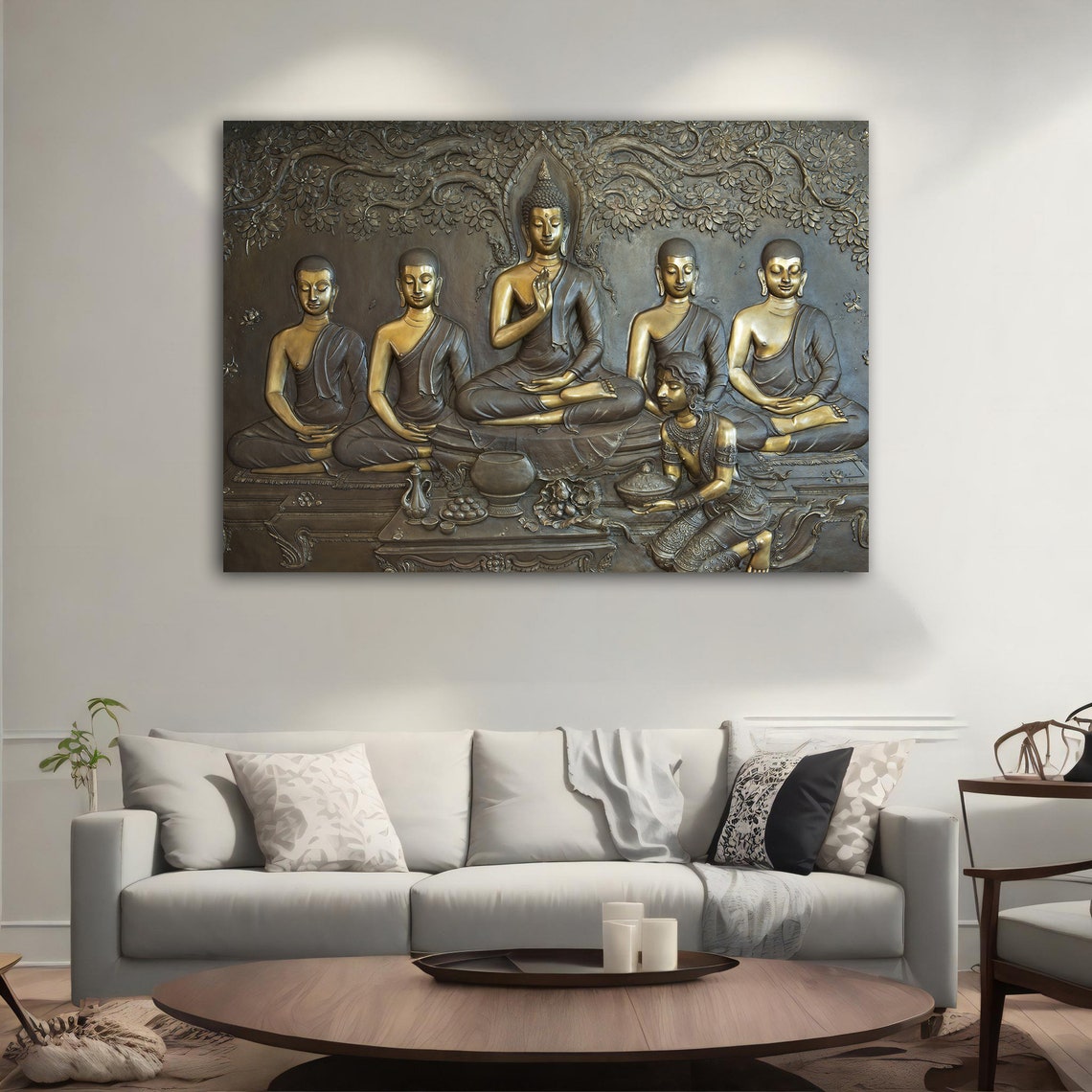 Bronze Relief Buddha with Disciples Bodhi Tree Temple Art Poster - Image 4