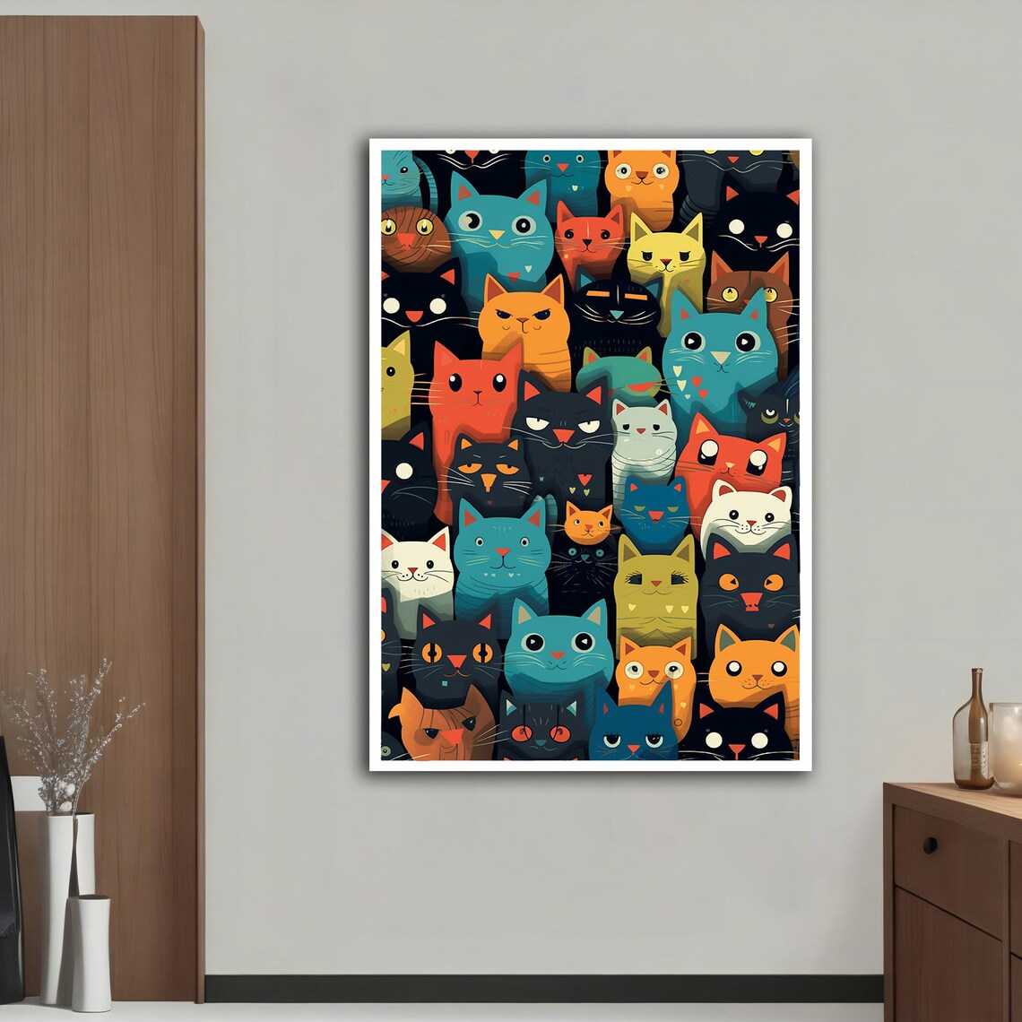 Colorful Cartoon Cat Faces Pattern Fun Whimsical Feline Wall Art Poster - Image 4