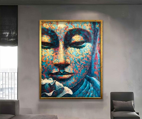 Colorful Mosaic Buddha Face Serene Blue Meditation Wall Art Poster