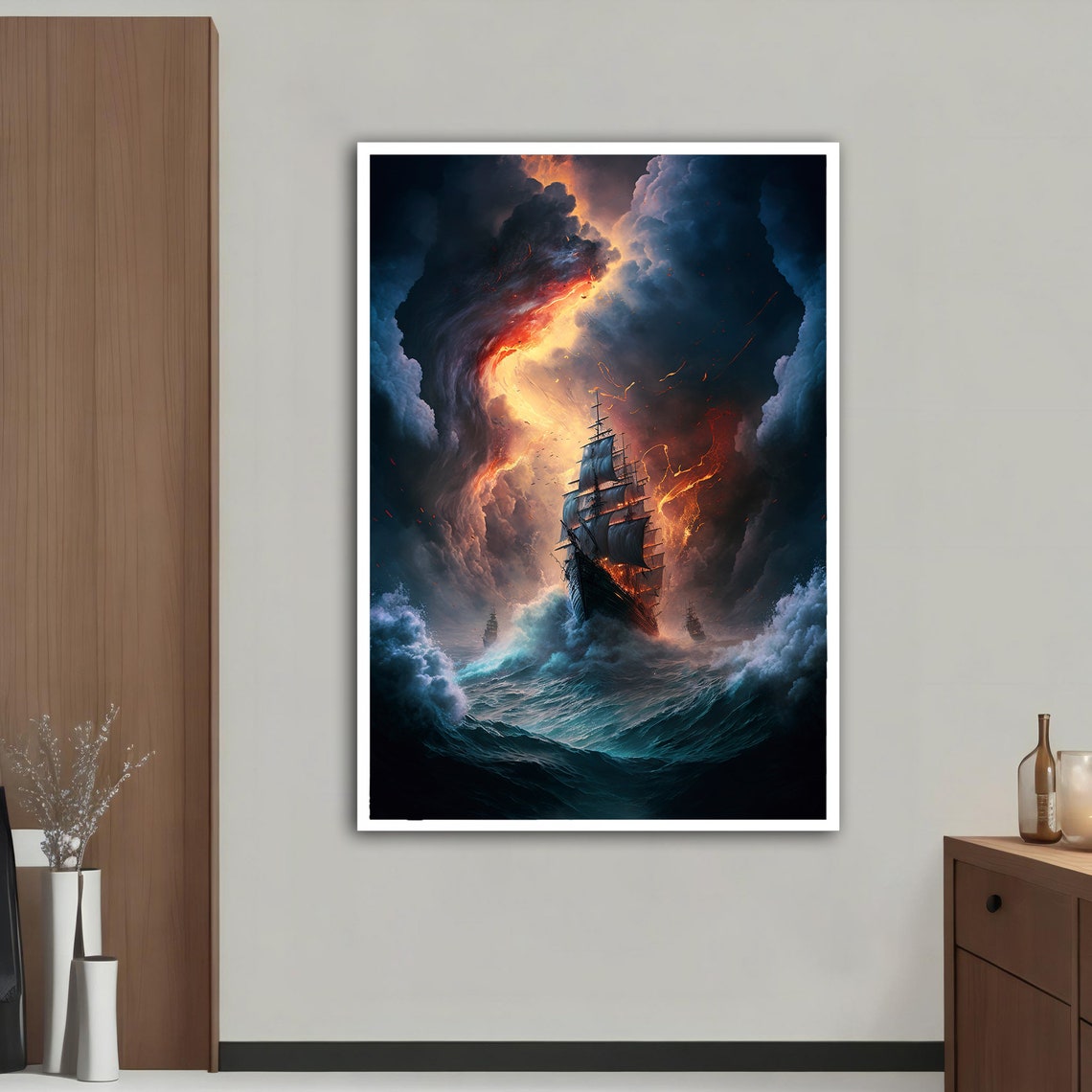 Tall Ship Stormy Sea Fiery Sky Dramatic Ocean Battle Waves Art Poster - Image 3