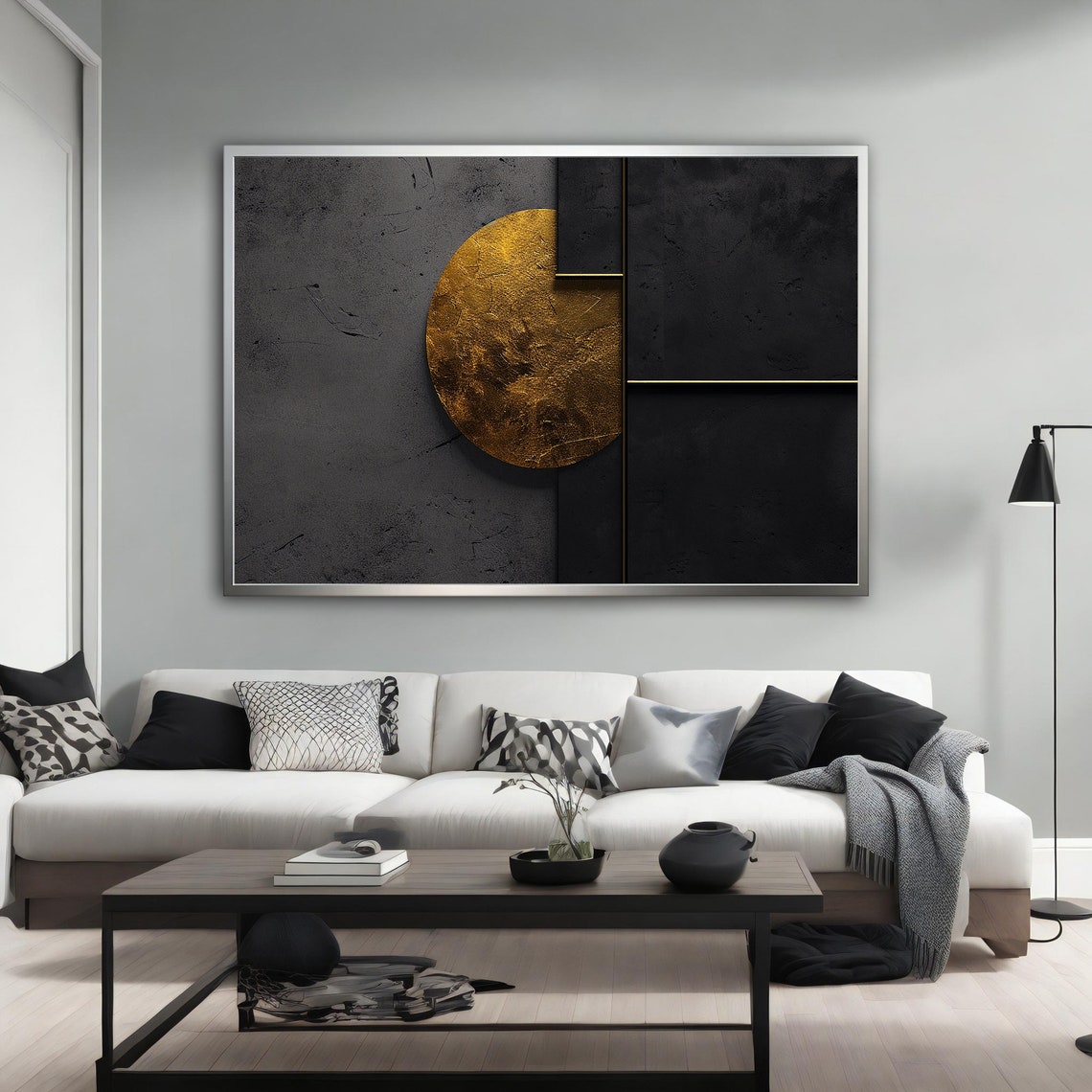 Gold Black Geometric Abstract Moon Circle Modern Painting Wall Poster - Image 3