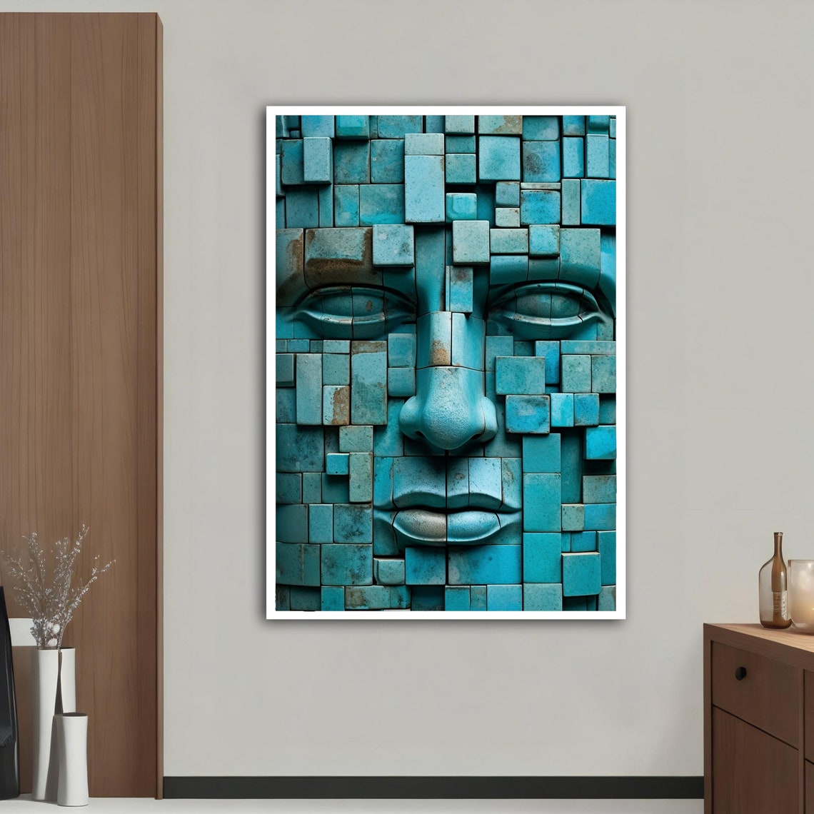 Turquoise Mosaic Face Cube 3D Block Texture Modern Abstract Art Poster - Image 4