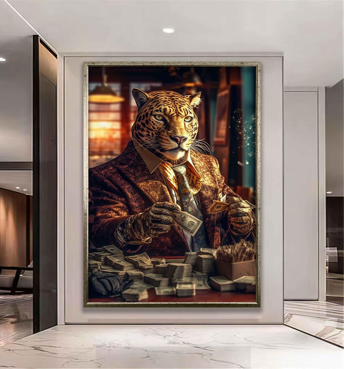 Boss Leopard In Suit Counting Money Funny Luxury Big Cat Office Wall Poster - Image 2