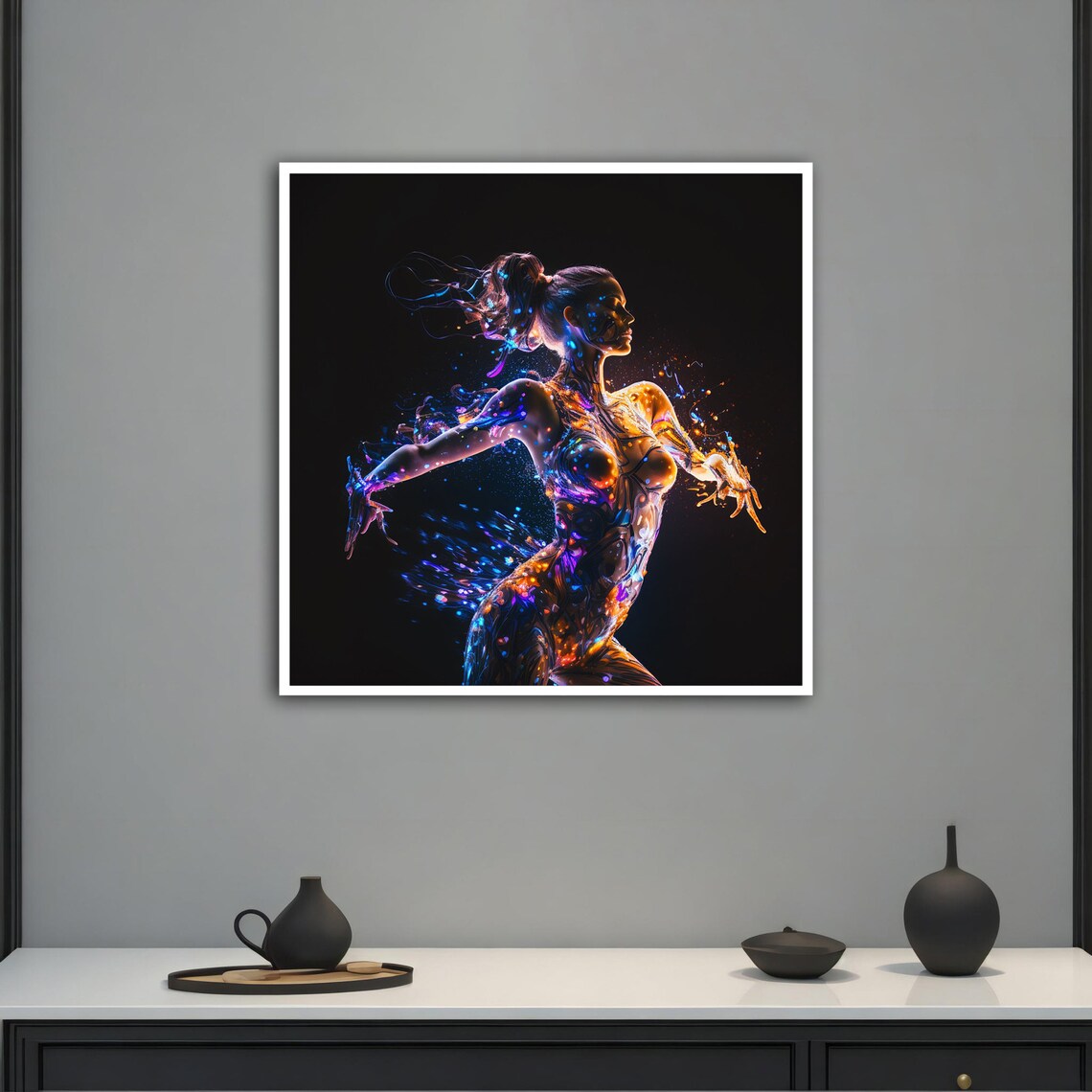 Neon Glowing Woman Light Figure Dance Blue Orange Digital Wall Art Poster - Image 5