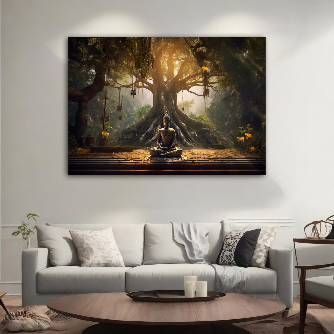 Buddha Meditating Under Banyan Tree Golden Temple Light Wall Art Poster - Image 4