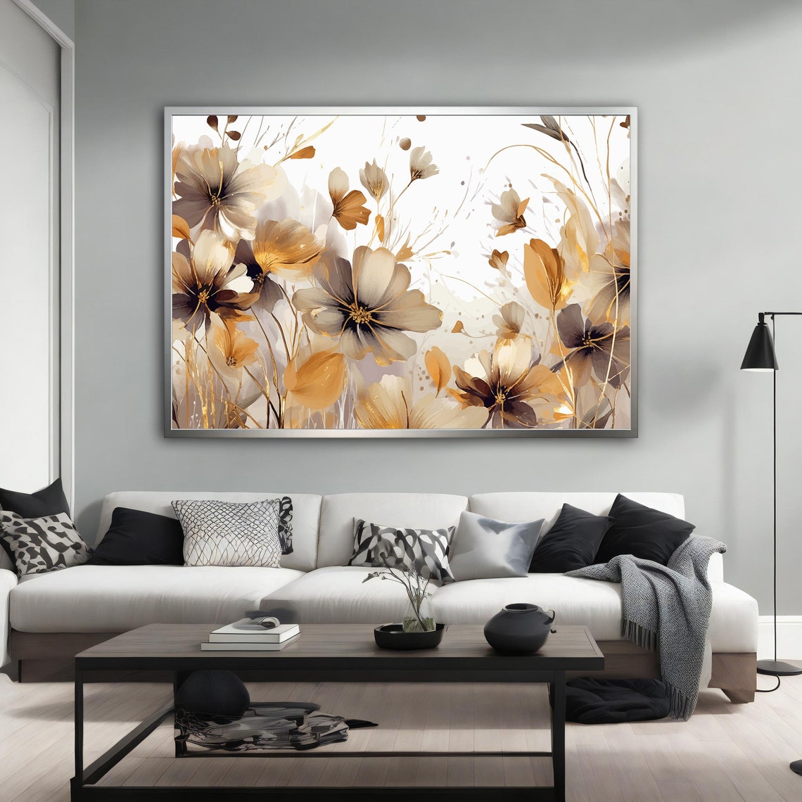 White Gold Wildflowers Painting Sepia Blooms Bright Floral Wall Poster - Image 4